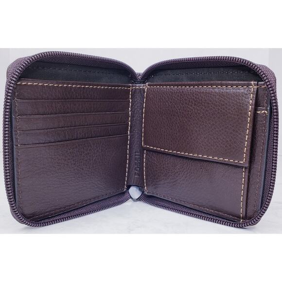 NWOT FOSSIL Lufkin Men's Brown Leather Zip Around Bifold Wallet - Picture 6 of 13